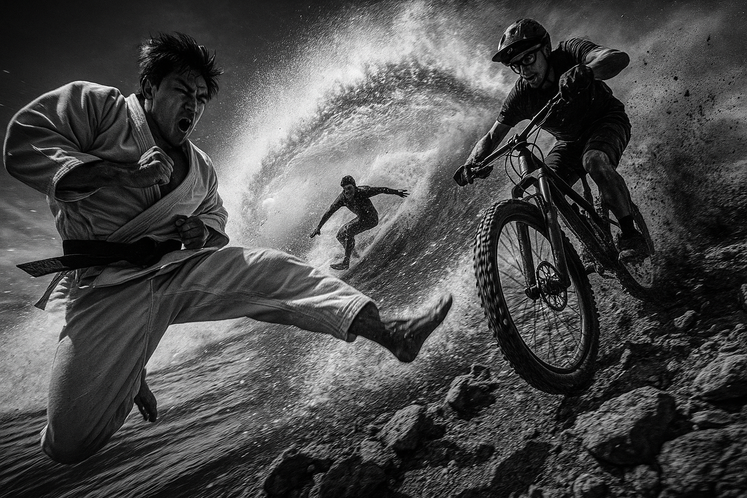 Black and white high contrast image as if it where taken by a Hero action camera , showcase movement martial arts, surf, mountain bike, ultra realistic. 